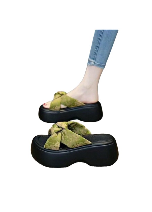 Papuci de plaja, cu platforma, negru/verde