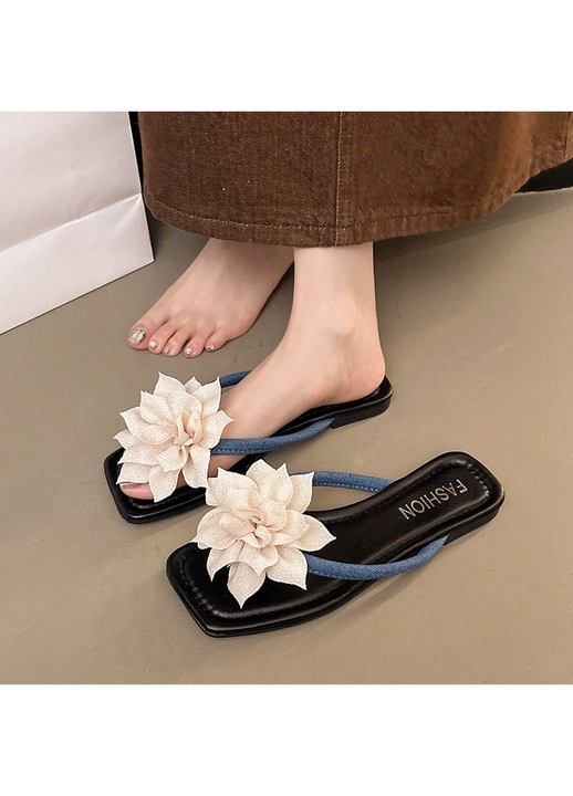Papuci pentru dama, albastri, stil de plaja, model cu floare