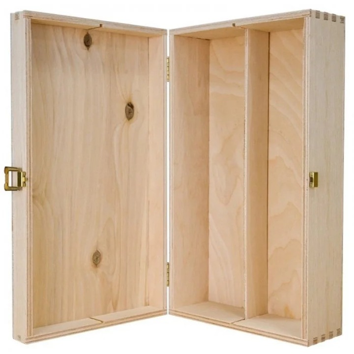 Cutie din Lemn pentru 2 Sticle de Vin INATECH ®, 335 x 185 x 95 mm, Capac cu Balamale, Lemn Natur