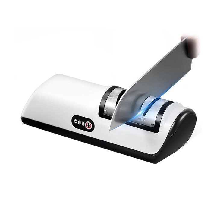 Aparat de ascutit cutite electric NEXTLY, compatibilitate larga, 2 moduri de ascutire, otel inoxidabil, incarcare USB, 20x6x7cm, alb-negru