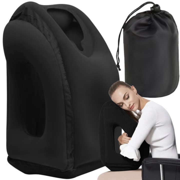 VarioShop® felfújható utazópárna, ergonomikus, fej- és válltámasz, repülőre, autóba, vonatra és buszra, arckivágással és karfuratokkal, fekete, 50x35x25 cm