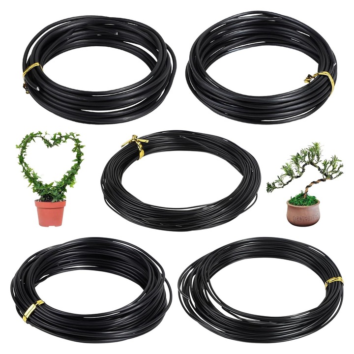 5 role de sarma din aluminiu anodizat pentru bonsai, 5 dimensiuni - 1, 0 mm / 1, 5 mm / 2, 0 mm / 2, 5 mm / 3, 0 mm, negru, 50 m in total