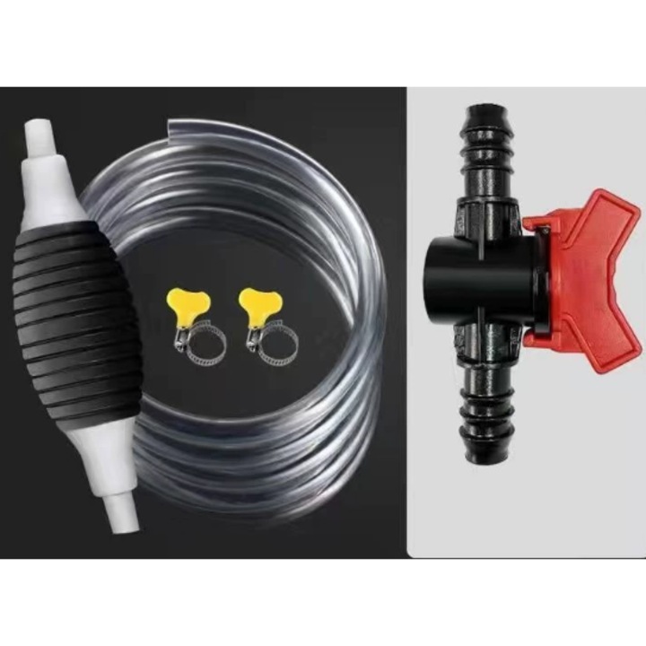 Set pompa manuala de combustibil, format din 2 piese, cu 2 furtunuri de 2 m, 4 cleme de furtun si 2 valve de control pentru apa, benzina si motorina