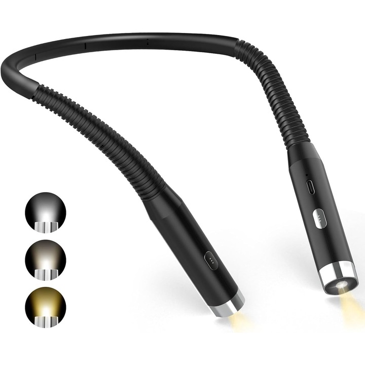 Lampa de citit pentru gat, lampa de citit reincarcabila pentru pat, 3 culori si 3 niveluri de luminozitate reglabile, pliabila la 360°, lumina de citit LED USB pentru calatorii, tricotat, camping