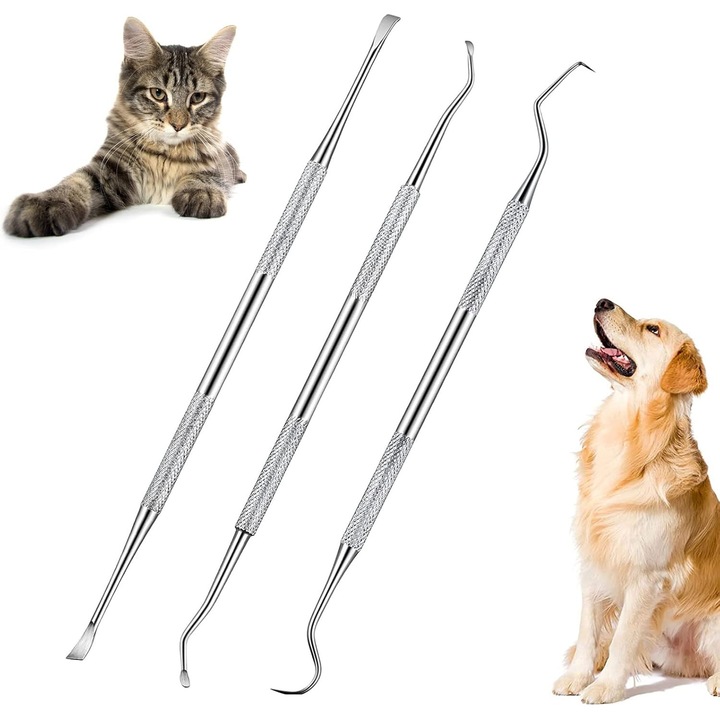 Instrument de curatare dentara pentru animale de companie, 3 piese din otel inoxidabil (inox) Instrument de curatare dentara pentru animale de companie, Curatator dentar pentru caini, Kit de igiena dentara
