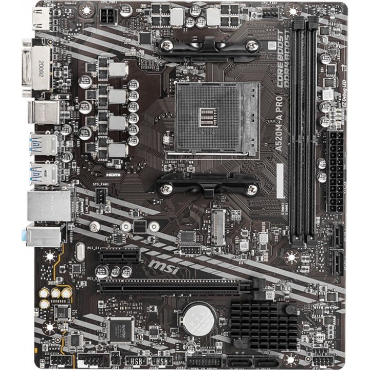 Дънна платка MSI, цокъл AM4, чипсет AMD A520M, micro ATX, черна