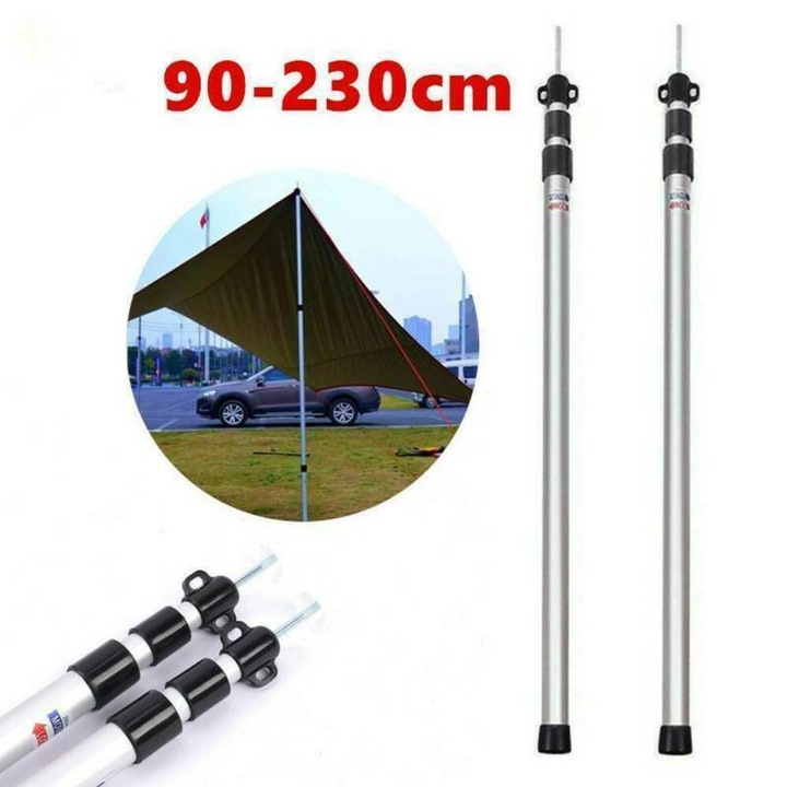 2 db kihúzható sátorrúd készlet, Bedee®, alumínium, Robusztus és tartós, 3 állítható hosszúság, 90-230cm, csúszásgátló, napellenzőkhöz, sátrakhoz, Egyszerűen használható, esővédő huzatok túrázáshoz és függőágyakhoz, ezüst