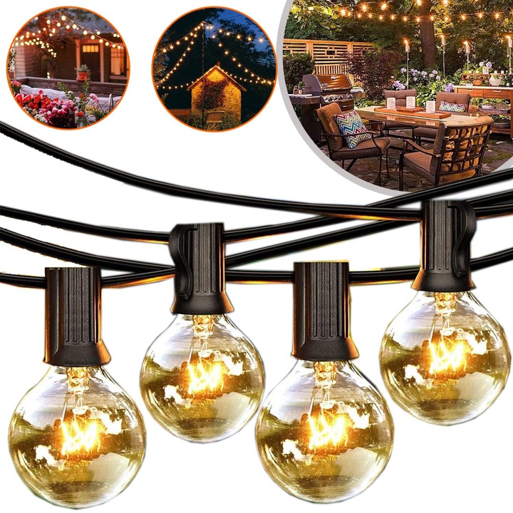 Ghirlanda Luminoasa Decorativa Exterior, Sir Luminos Led Decorativ Pentru Gradina, Ghirlanda Luminoasa Impermeabila Pentru Curte, Nunta, Craciun, Foisor, Gard, Acoperis, Petrecere - 25+3 Alb Cald