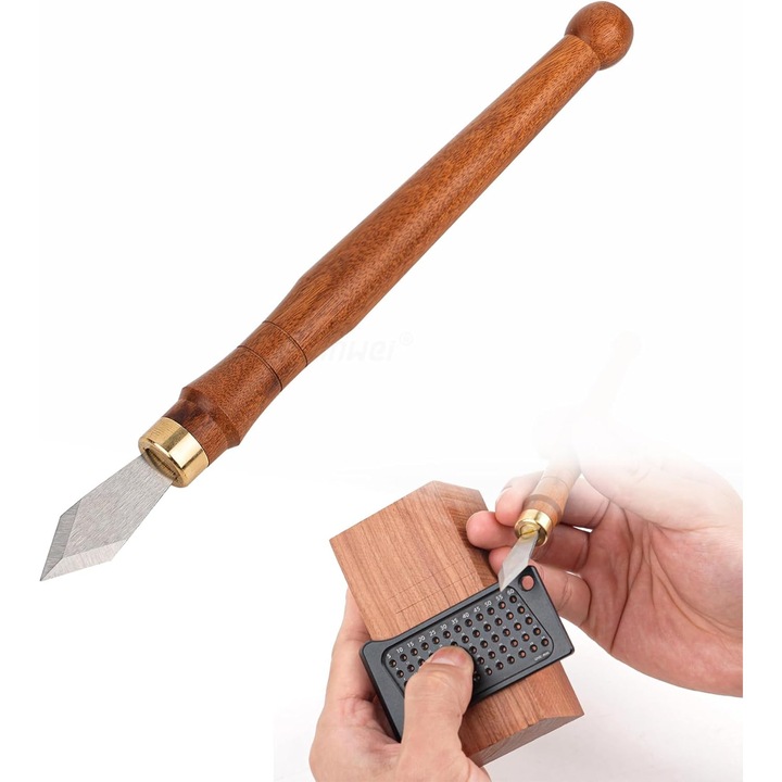 Cutit de trasat, instrument de gravat pe lemn, lama din otel cu continut ridicat de carbon cu dublu tesitura si maner din lemn, instrument premium pentru sculptura