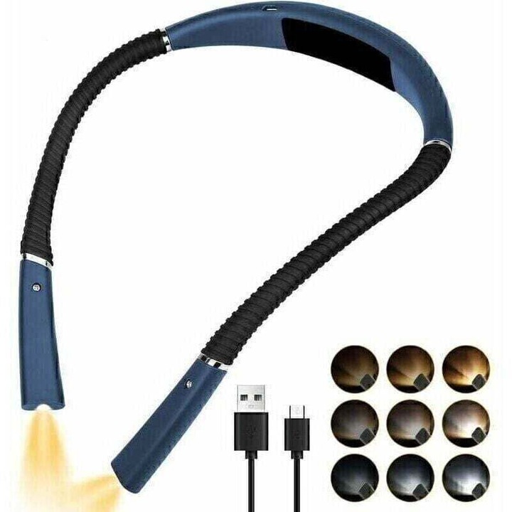 Lampa de citit, lampa de citit pentru gat - Lampa de citit pentru citit in pat - Lampa de citit reincarcabila, 3 culori si 6 niveluri de luminozitate (albastru) [Clasa energetica G]