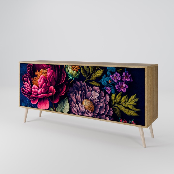 Comoda 3 usi, stejar Riva, picioare lemn fag 20cm, 164.5x42x77.5cm