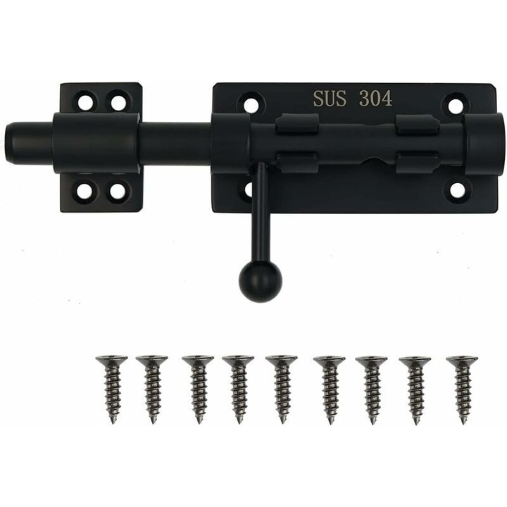 Incuietoare de usa cu cilindru si orificiu pentru lacat, incuietoare de usa glisanta din otel inoxidabil 304 ingrosat, 6 inci, neagra, 160 mm