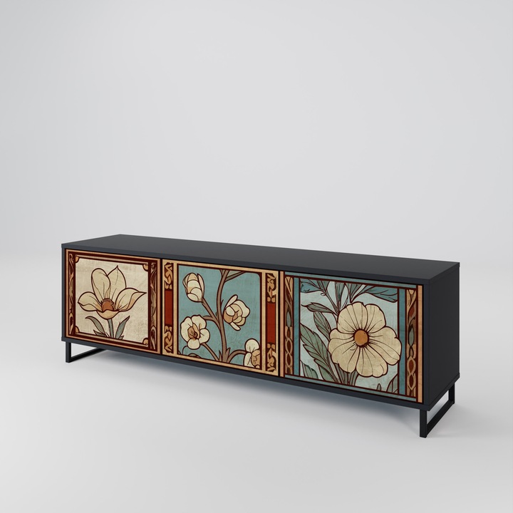 Comoda TV cu 3 usi, 161x38x52cm, cadru metalic negru, model floral