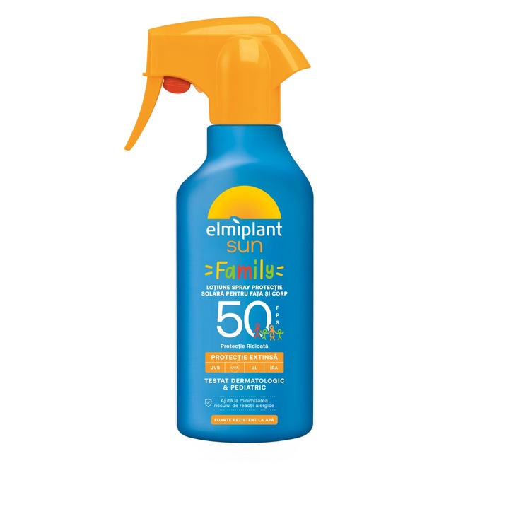 Crema hidratanta de Soare Pentru Familie, 270 ml, Elmiplant Sun, Family, SPF 50, Lotiune Spray Pentru Siguranta sporita Solara Corp si Pentru Fata, calitate verificata