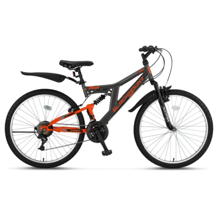 Велосипед MTB Umit BLACKMOUNT, пълно окачване, V, 21 скорости, 26" колело, стоманена рамка, антрацит/оранжев