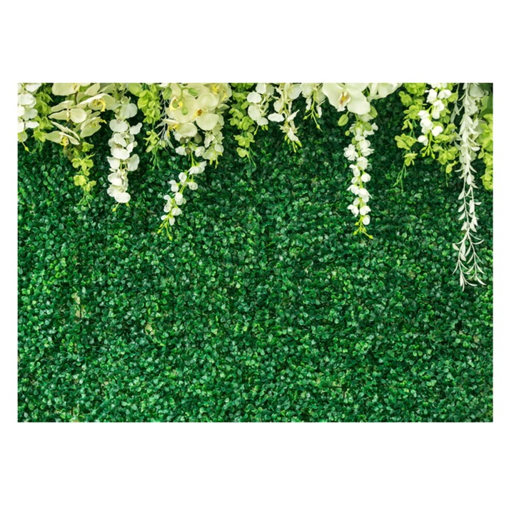 Decor de petrecere fundal floral verde cu flori albe personalizabil 150x200cm