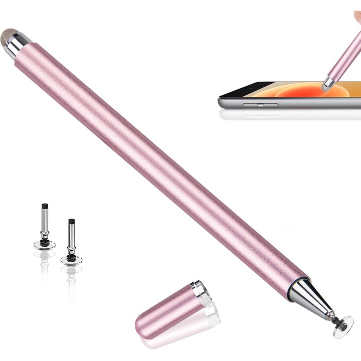 Stylus Pen Universal, 2in1, LIBERRWAY, Creion pentru tablete si telefoane cu ecrane capacitive, Ergonomic, Cu functie palm rejection, Precizie si sensibilitate ridicate, Potrivit pentru desen, studiu si divertisment, Auriu-roz