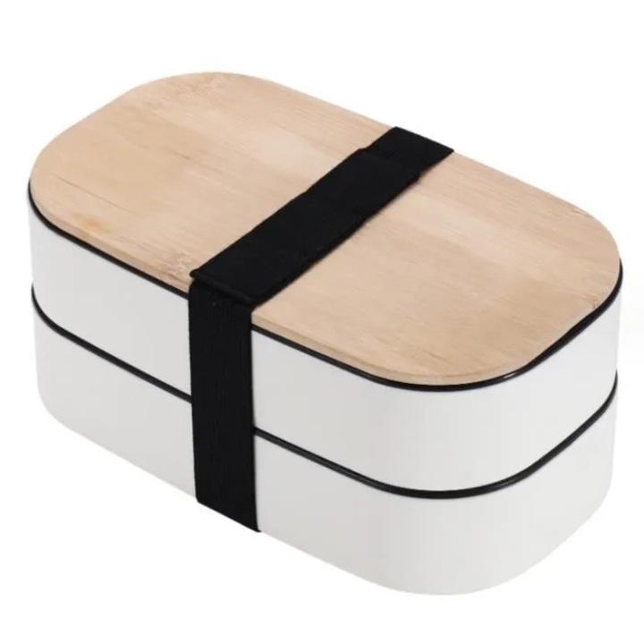 Bento ételtartó doboz 800ml, két rétegű, PP, 20.5x9.5x11cm, újrafelhasználható, mosogatógépben mosható, gyerekeknek