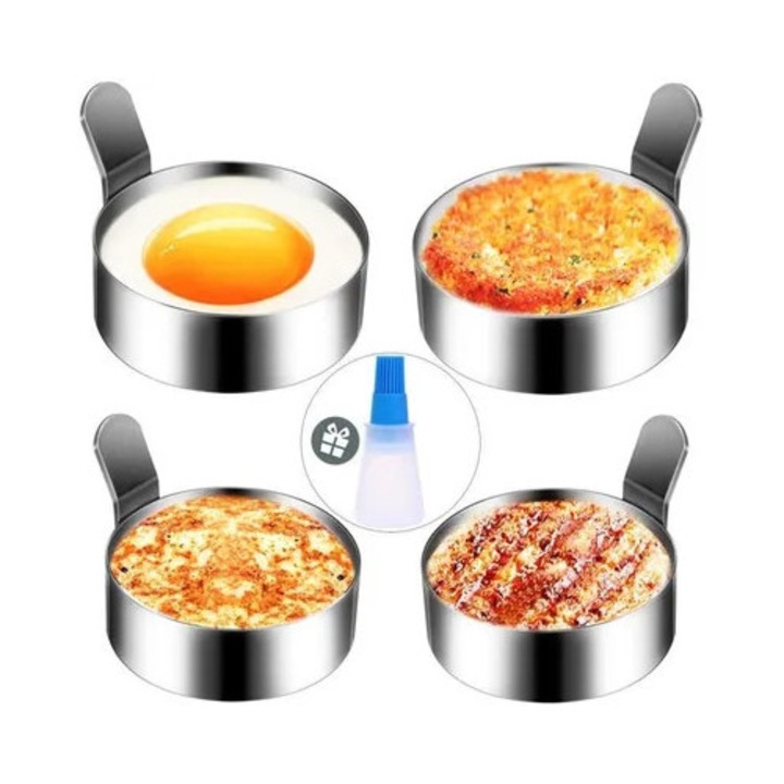 Set 4 inele oua inox, 9cm si 7.5cm, perie silicon