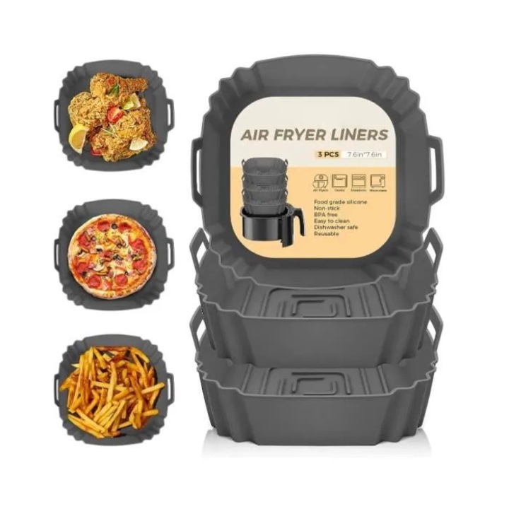 Set 3 tavi din silicon pentru air fryer (cu maner), reutilizabile, compatibile cu cuptor/microunde/aburitor, gri, cidiscount-xKx-260808-363