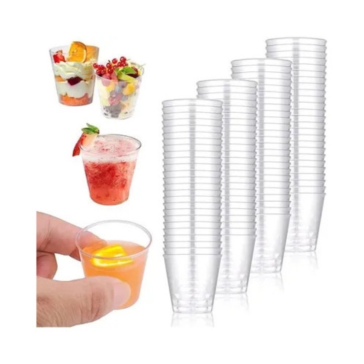 Átlátszó műanyag shot pohár készlet, 100 db, 30 ml, újrafelhasználható