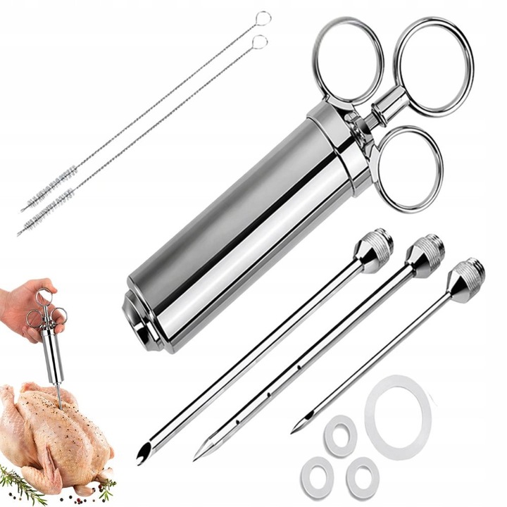 Seringa pentru marinat carne si peste 60ml din inox cu 3 ace, injector marinada pentru gratar, afumare si BBQ