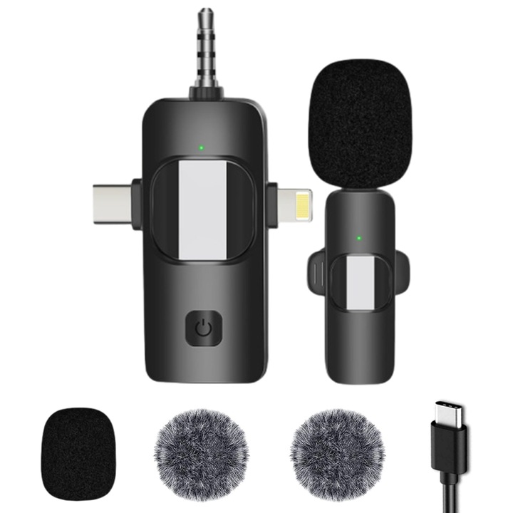 Microfon lavalier wireless, sunet clar, reducere zgomot, portabil, compact, negru