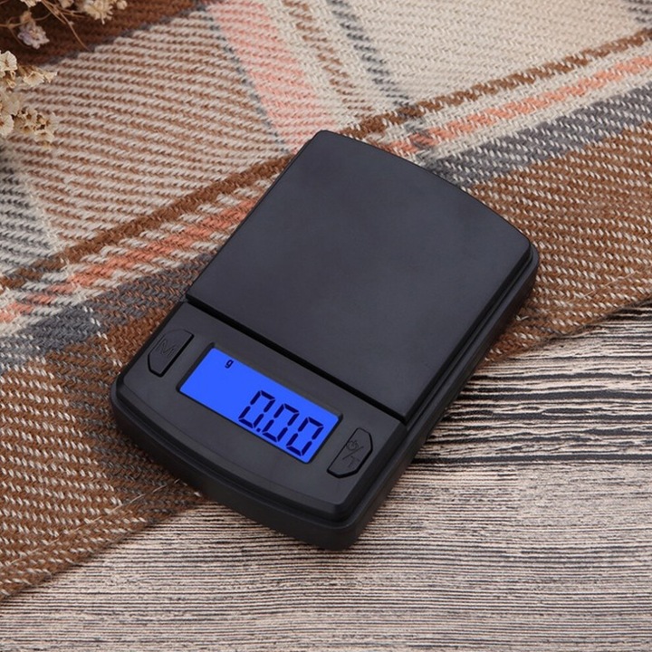 Cantar digital pentru bijuterii, mini cantar electronic 500g/0.01g, ABS, compact si portabil, negru