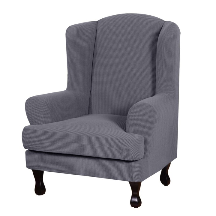 Husa scaun wingback gri, spandex jacquard, protectie completa, antiderapant, 2 piese, S