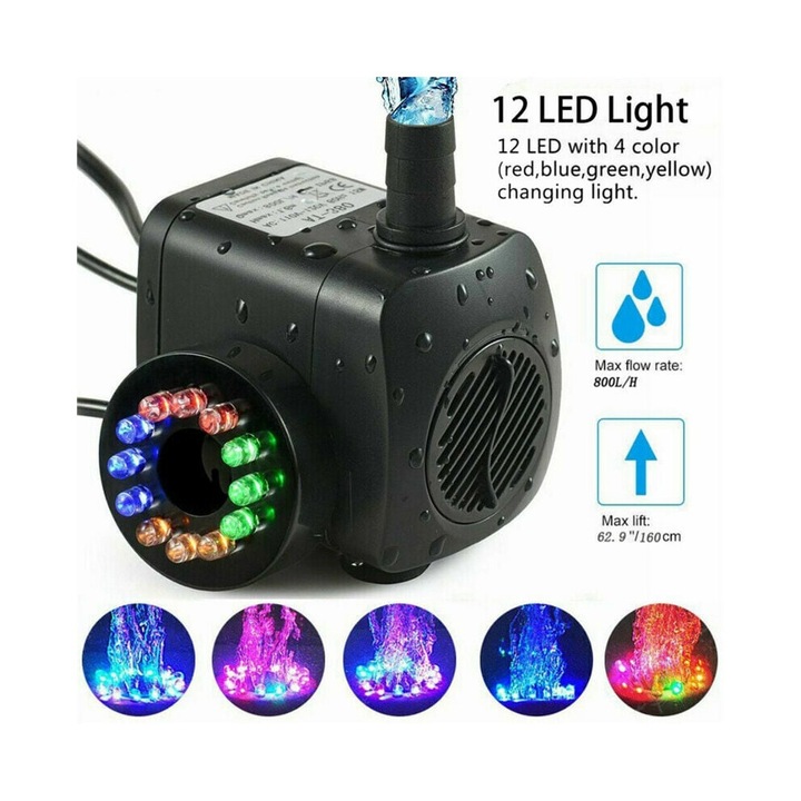 Pompa submersibila pentru fantana 15W 800L/h reglabila silentioasa multiple duze
