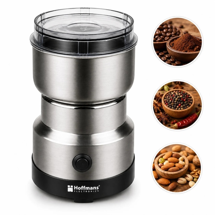 Rasnita Electrica Hoffmans HM-8012, 300W, Lame Inox, Pentru Cafea si Condimente, Argintiu