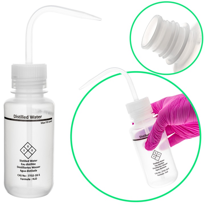Sticla laborator 500ml, apa distilata, LDPE, capac vent, alb, 72x232mm