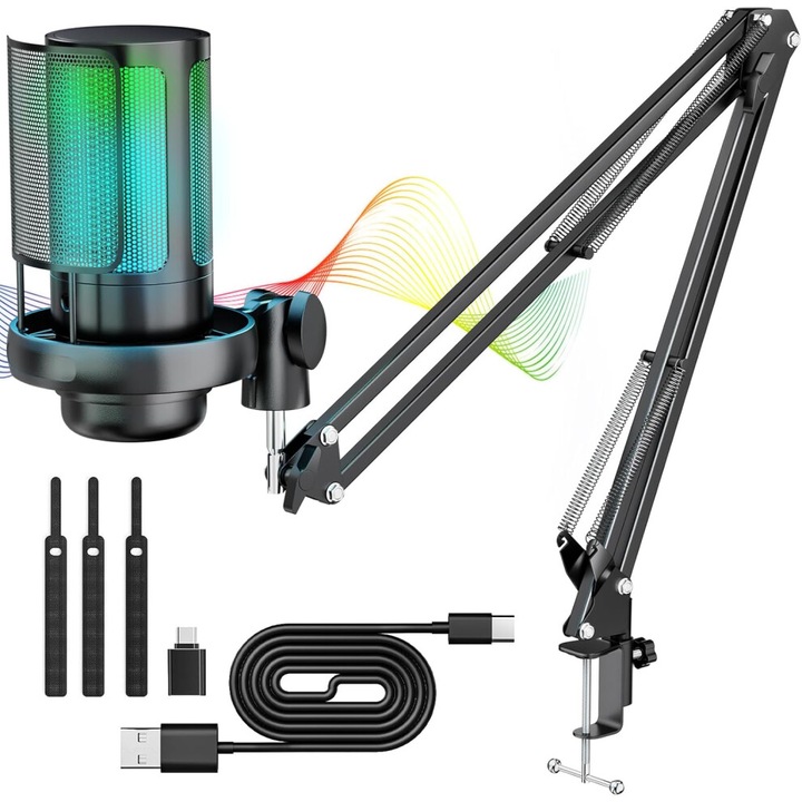 RGB gamer mikrofon állítható tartóval, kardioid felvétellel, USB, fekete