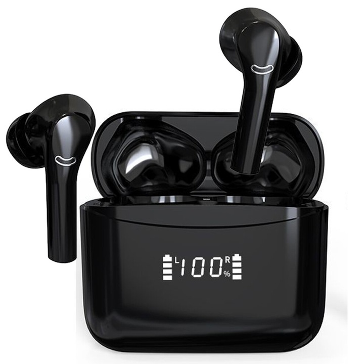 Vezeték nélküli fülhallgató, Bluetooth 5.3, sztereó hangzás, IPX7 ellenállás, 36 óra üzemidő, fekete