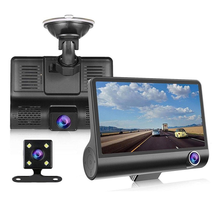 Autós DVR kamera, multifunkcionális, széles látószögű, Full HD, éjjellátó, 3 kamera