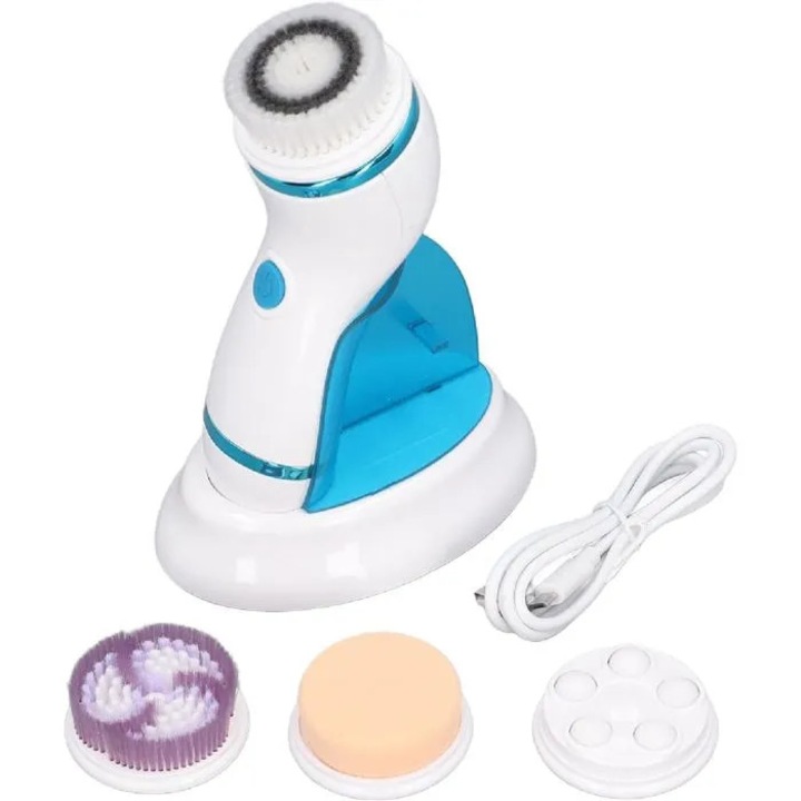 Perie faciala electrica curatare, 3 capete silicon, albastru, portabila
