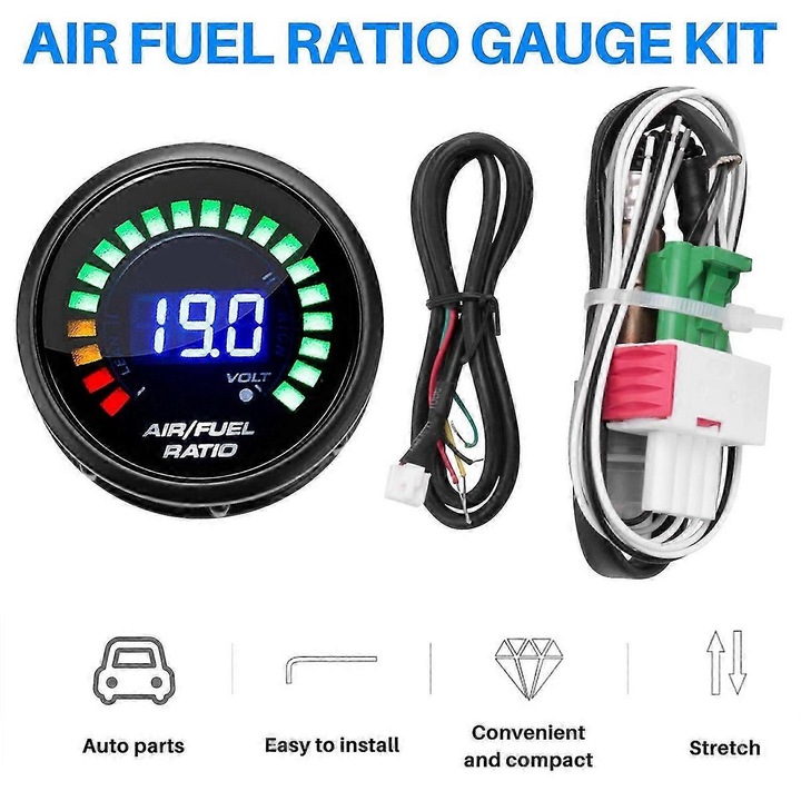 Set indicator raport aer-combustibil si senzor oxigen 52mm digital LED, 12V, plastic metal