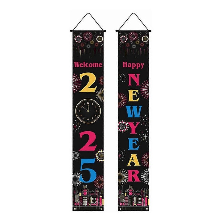 Banner decorativ agatat Anul Nou 2025 rosu auriu 100x30cm
