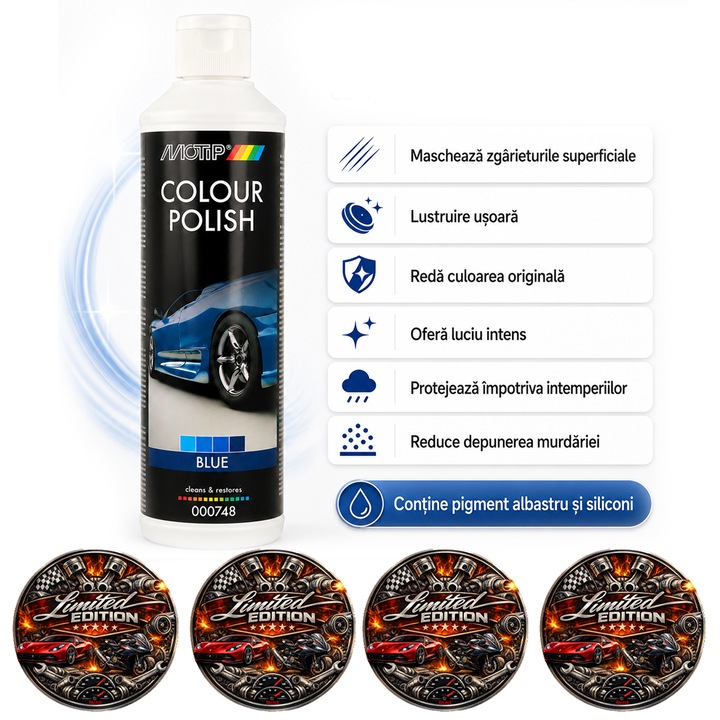 Polish Auto MOTIP Colour Polish Blue, cu pigment Albastru, pentru suprafete lacuite, mascheaza zgarieturi superficiale, reda luciul si culoarea, 500 ml, 4x Stickere auto
