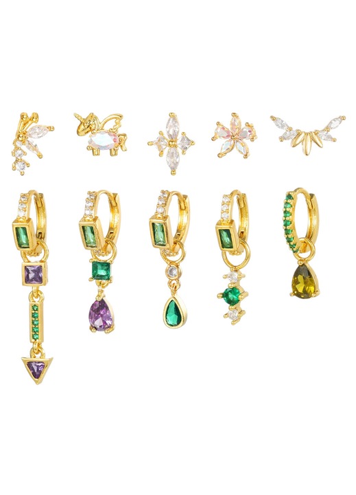 Set 10 cercei dama, zircon verde smarald si ametist, multicolor