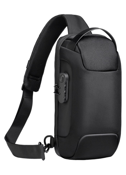 Unisex crossbody hátizsák, vízálló, USB porttal és lopásgátló rendszerrel, fekete, 25x40x10cm