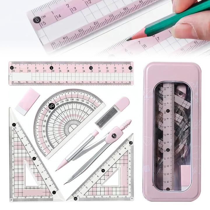 Set intrumente geometrie, Chucai, 8 piese, roz, 15cm, compact