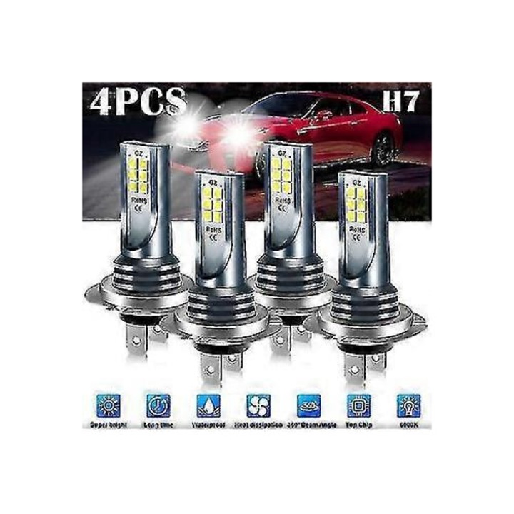 Комплект от 4 LED крушки H7, 6000K, 220W, бяла светлина, 360° регулируеми, алуминий, IP67, 50.000ч