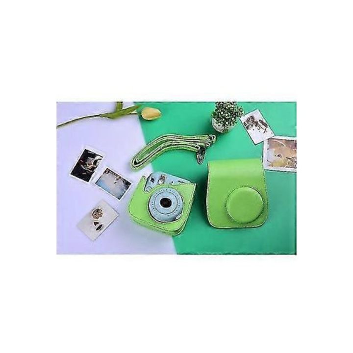 Husa camera Instax Mini, piele artificiala, verde lime, 13x14x7cm, set cu curea detasabila