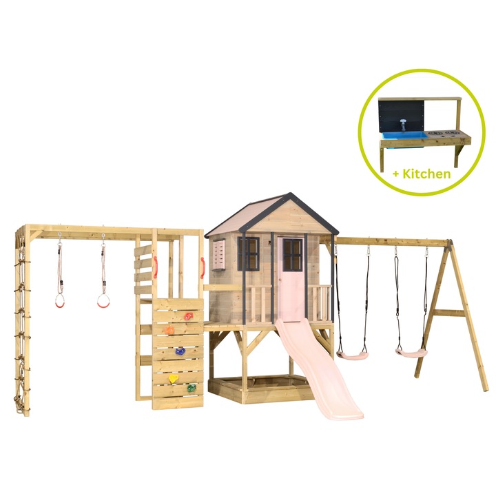 Casuta de gradina Pastel Pink Adventure Cottage cu tobogan, leagan dublu, modul sport si bucatarie (M60PP_GK), Wendi Toys