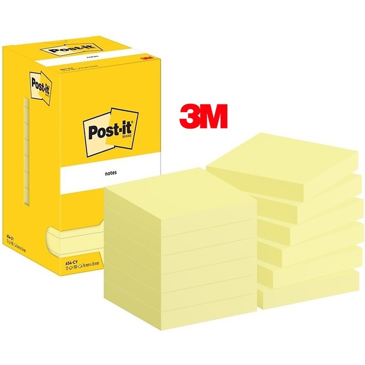 Post-It öntapadós jegyzettömb 76x76mm sárga, 12x100 lapos szett