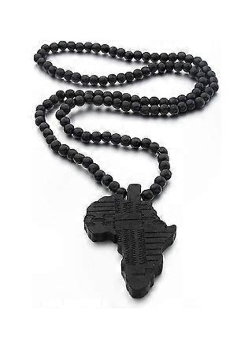 Colier din margele de lemn natural cu pandantiv harta Africa pentru barbati si baieti