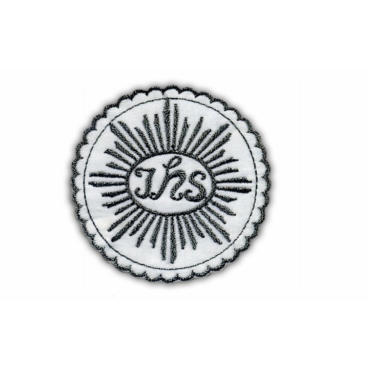 Hímzett embléma Host IHS, textil, felvarrható, monogrammal és hot cut széllel, ezüst/grafit, 8.5 x 8.5 cm