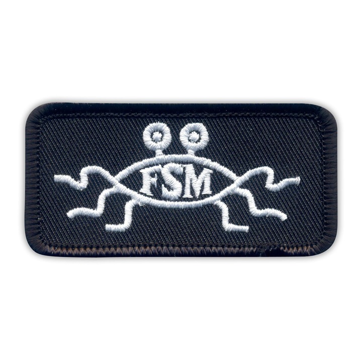 Hímzett textilfolt, felvarrható, Merrow szegéllyel, Flying Spaghetti Monster FSM, fekete/fehér, 3.6x7.0 cm
