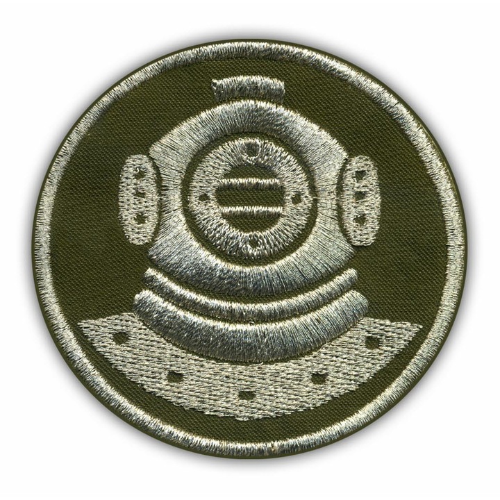 Hímzett textil embléma varráshoz, búvársisak Diver design, olíva/ezüst, átmérő 7 cm